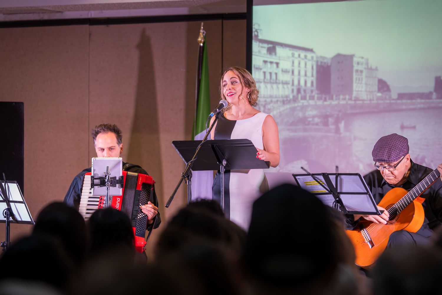 Live musical performance with accordion, guitar, and female vocalist on stage.