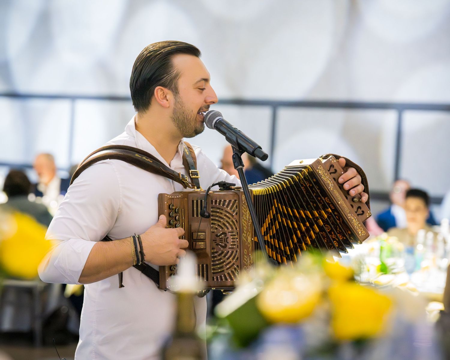 Male musician performing while playing accordion and singing into microphone at an elegant banquet reception.