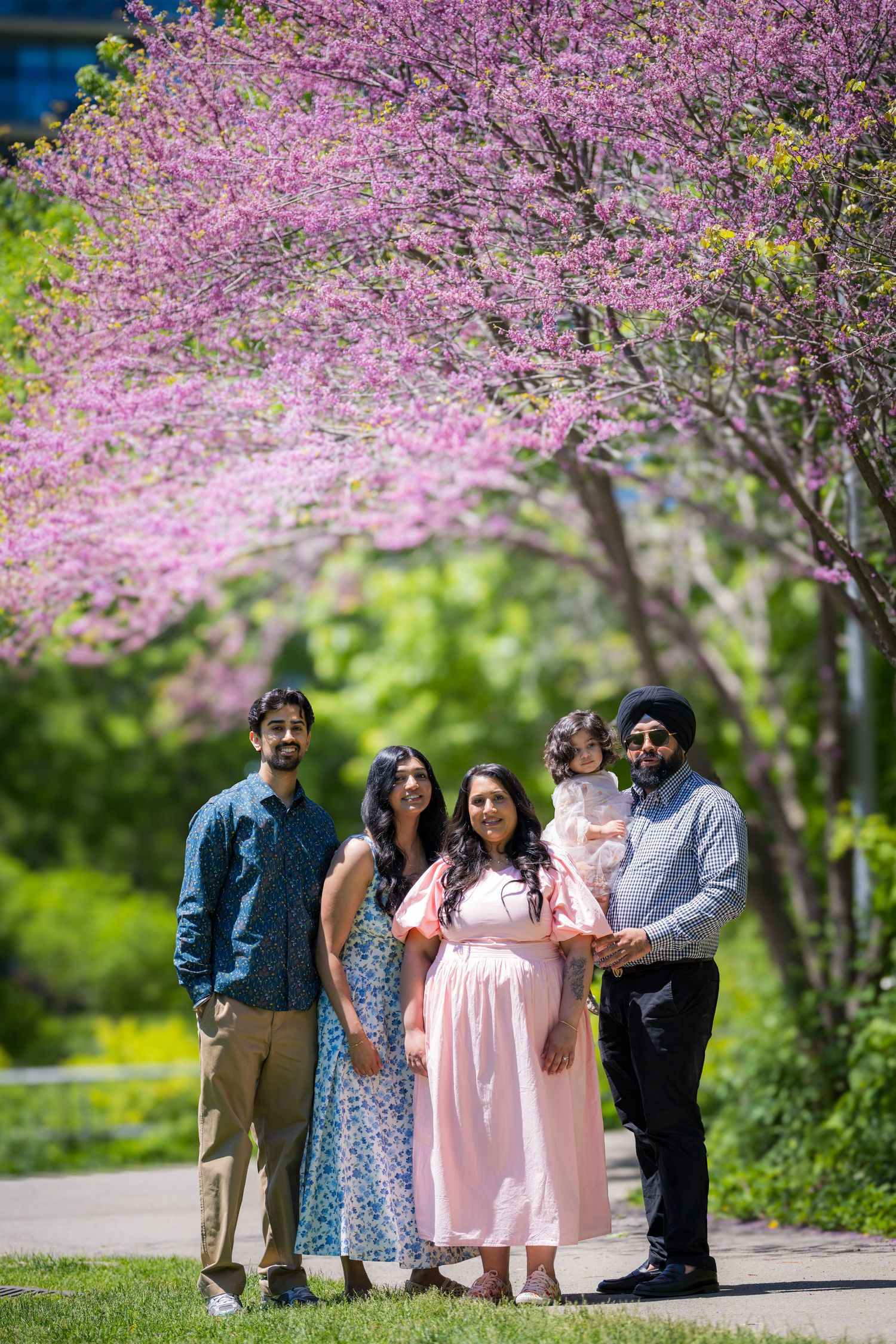 South Asian family smiling together under blooming pink redbud trees on a sunny spring day.