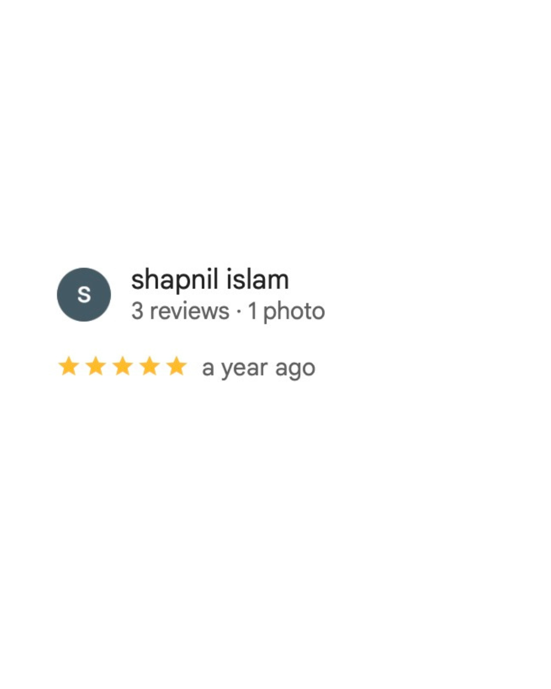 A profile icon showing the first letter 'S' against a dark background with 3 reviews and 1 photo noted.
