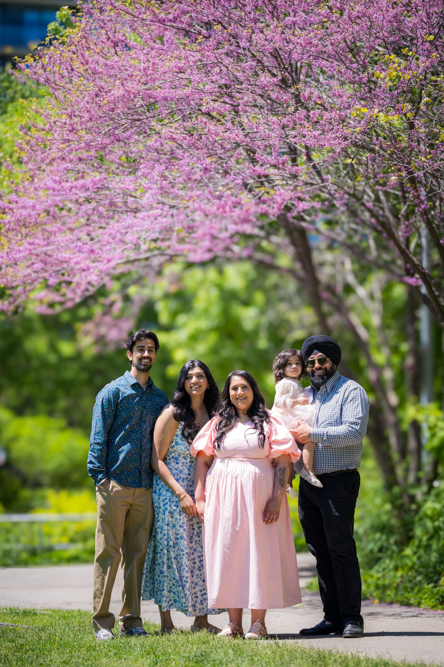 Family of five posing outdoors under blooming pink redbud trees on a sunny spring day.