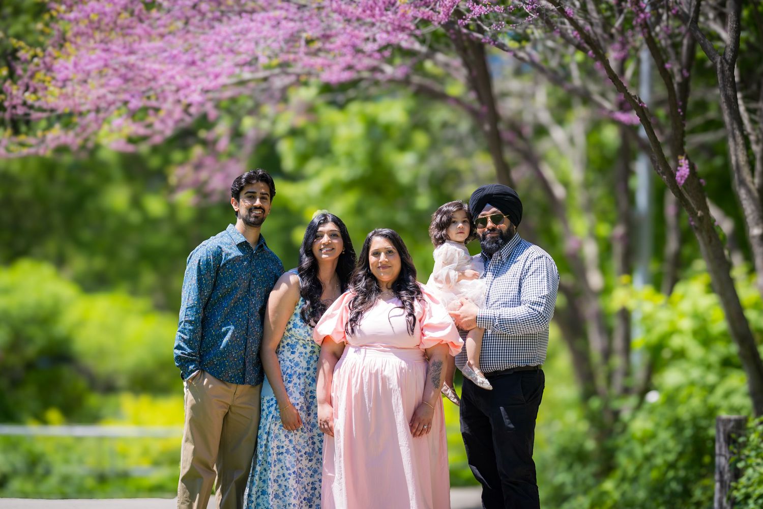 A joyful South Asian family poses outdoors under blooming pink redbud trees, celebrating a maternity milestone in spring.