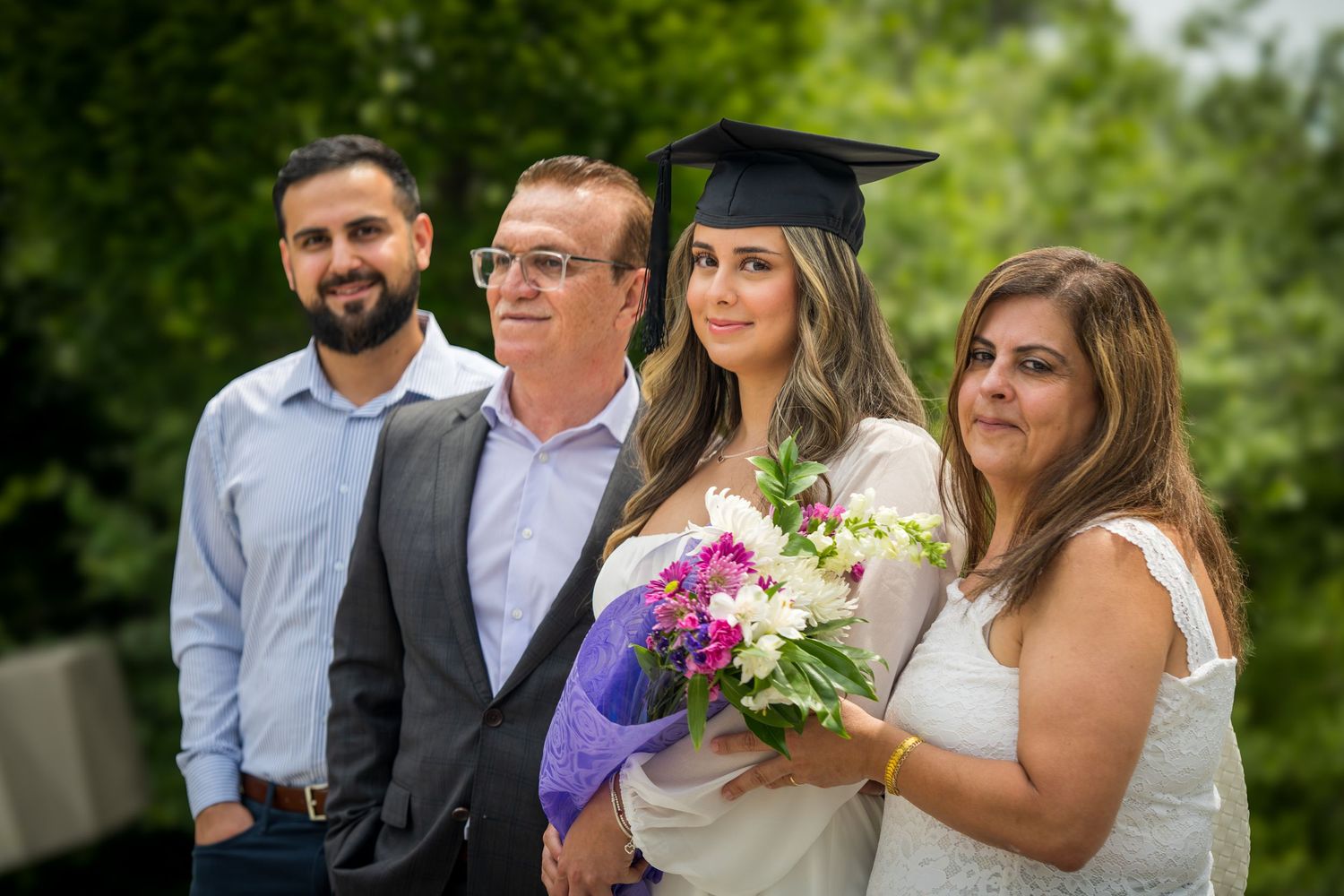 Multiple shots of graduation celebration with flowers and formal wear outdoors.