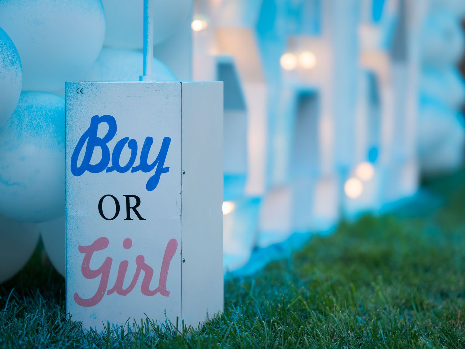 Boy or Girl sign placed beside illuminated marquee letters and white balloons at a gender reveal party.