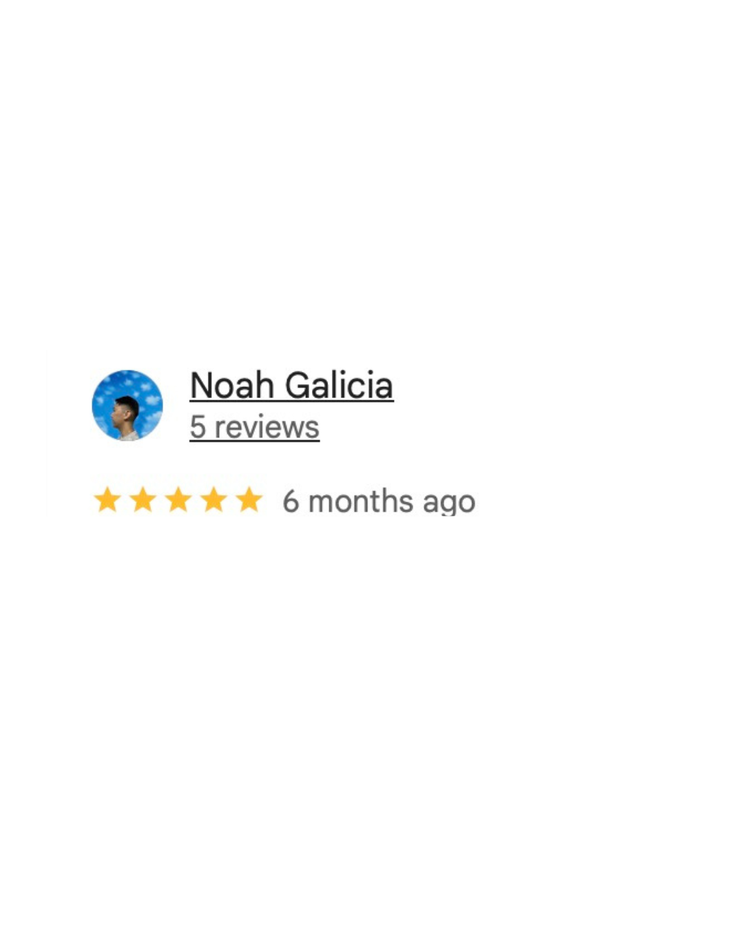 Five star review with a blue profile icon and timestamp showing 