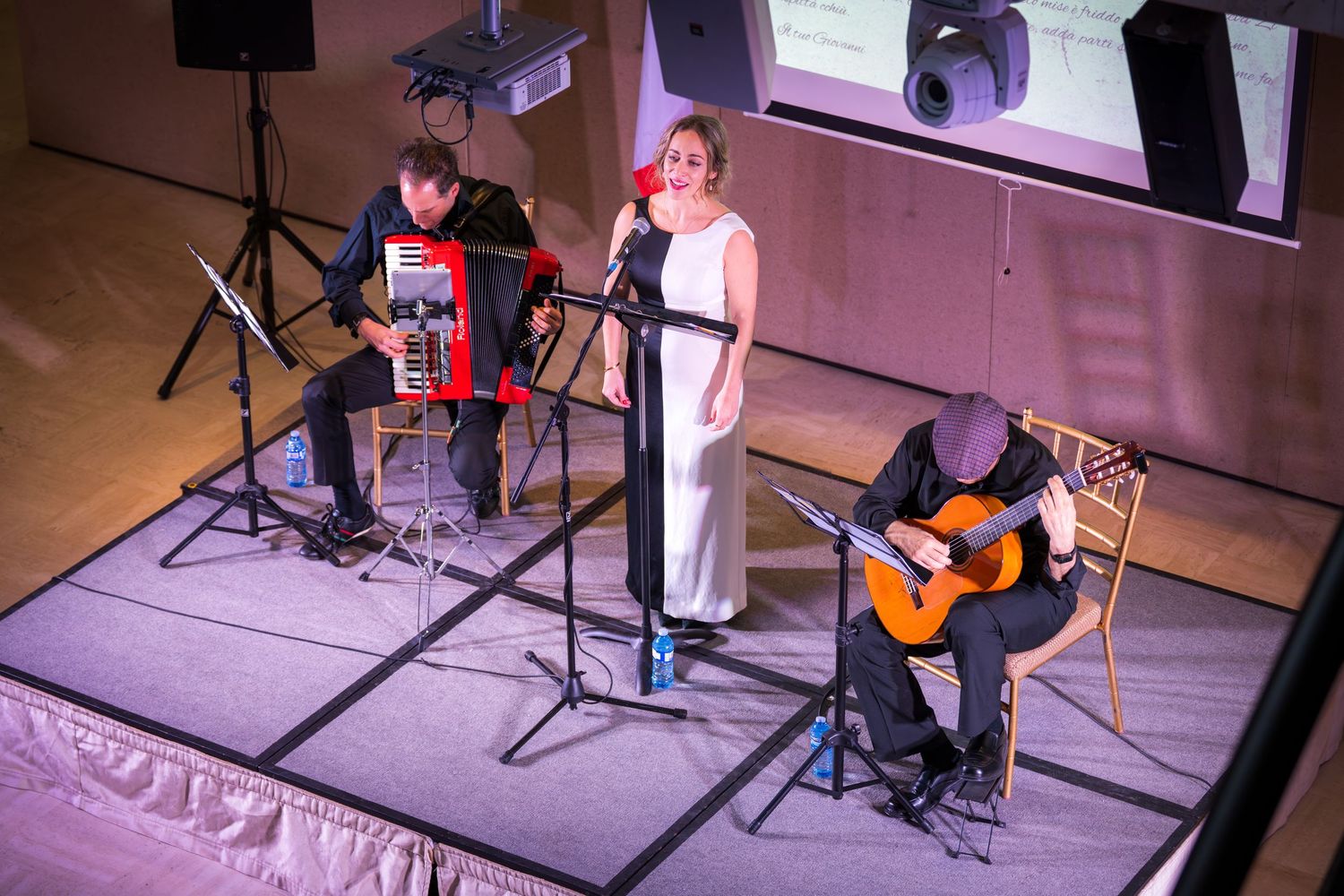 Aerial view of a female singer performing on stage with an accordion player and acoustic guitarist.
