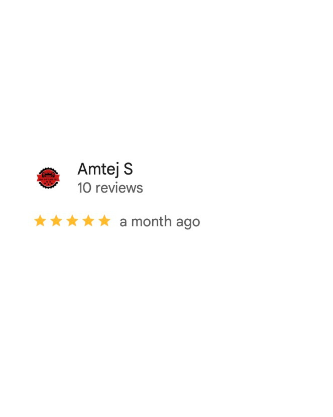 A 5-star review rating display with text showing 'a month ago' and 'Amtej S' in a clean interface design.