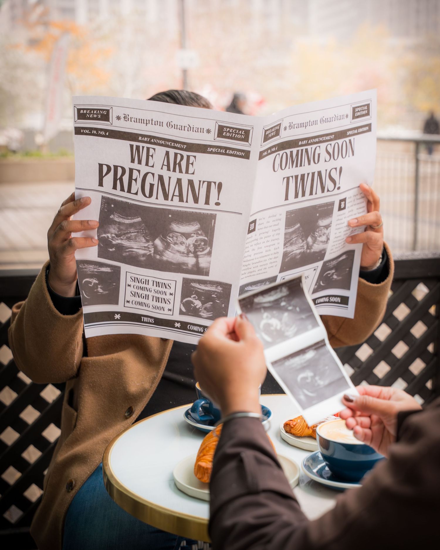 A series of newspaper-style pregnancy announcements showing ultrasound images being held up in sequence.