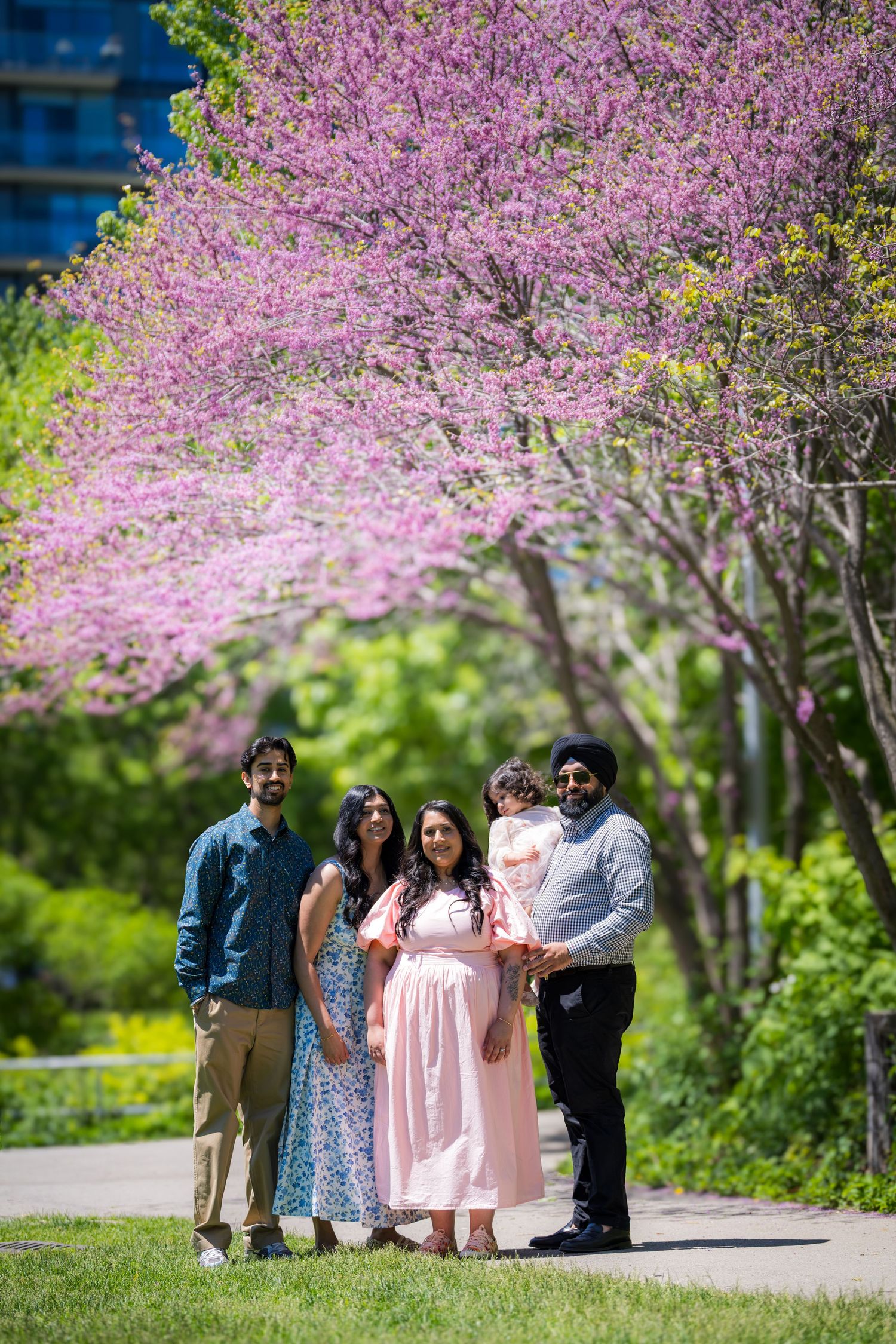 South Asian family of five posing on a path surrounded by pink flowering redbud trees.