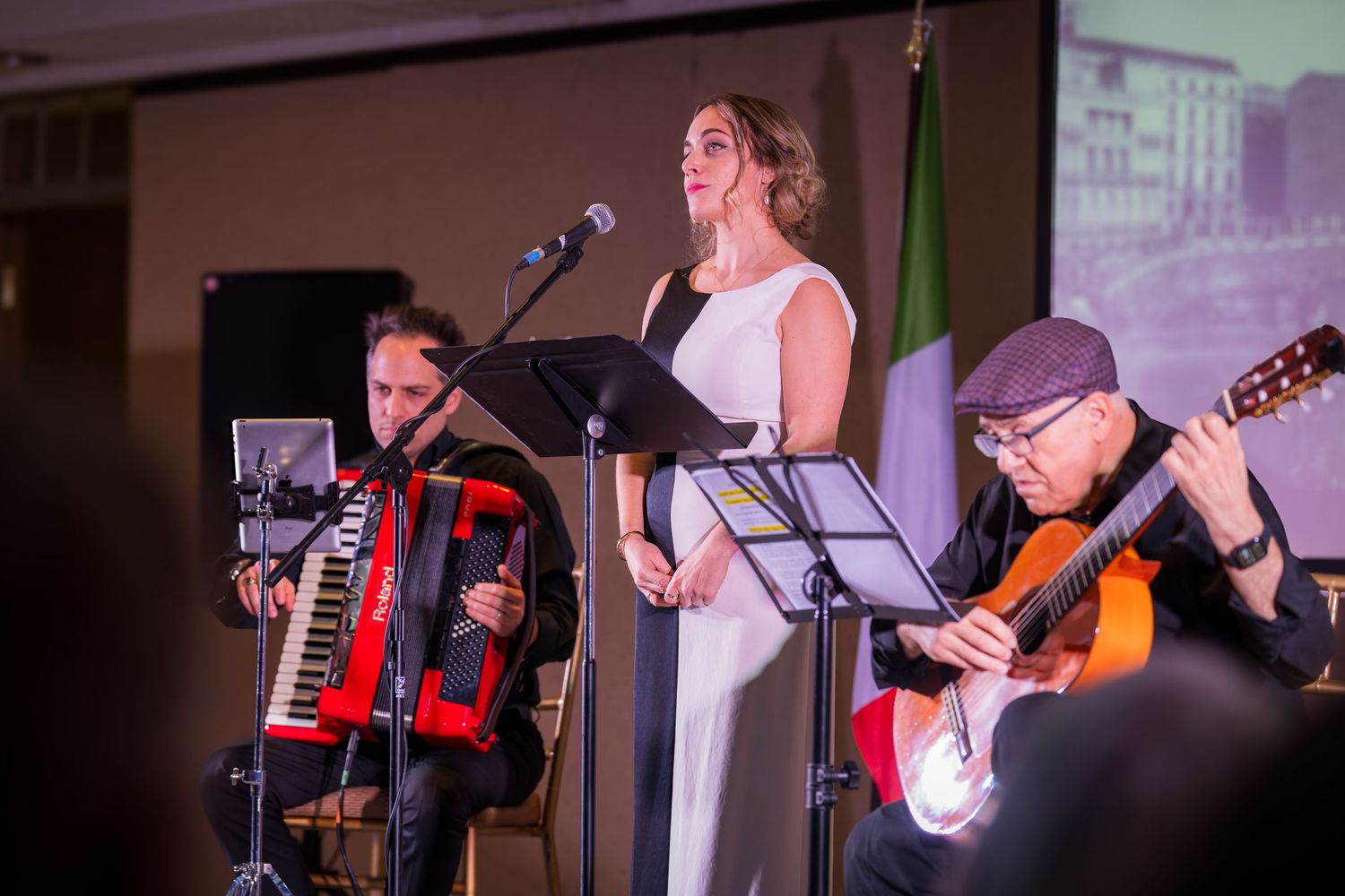 Live musical trio performing with accordion, female vocalist, and guitarist at an indoor event.
