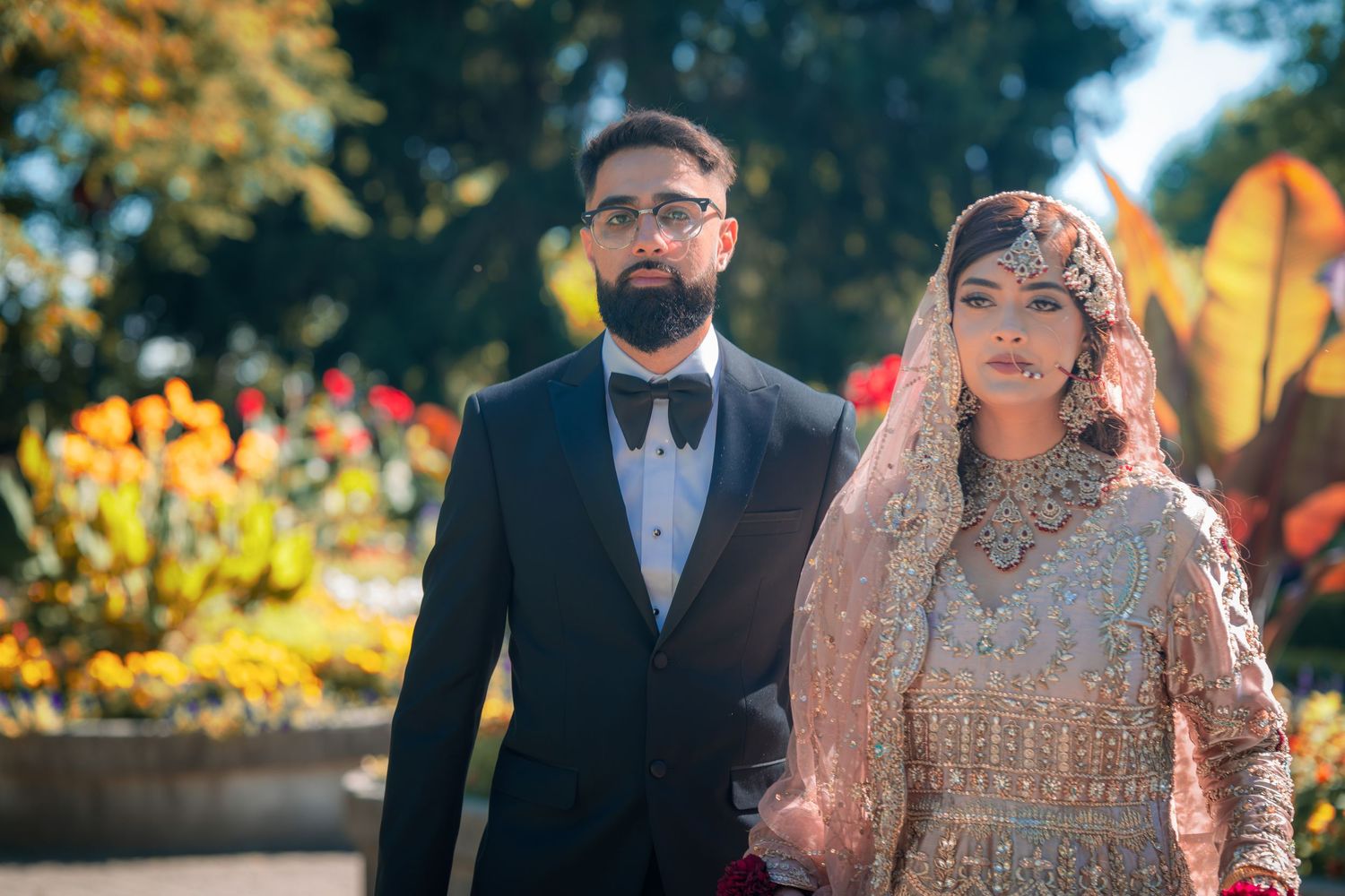 Wedding portraits showcasing traditional South Asian bridal jewelry and formal wear.