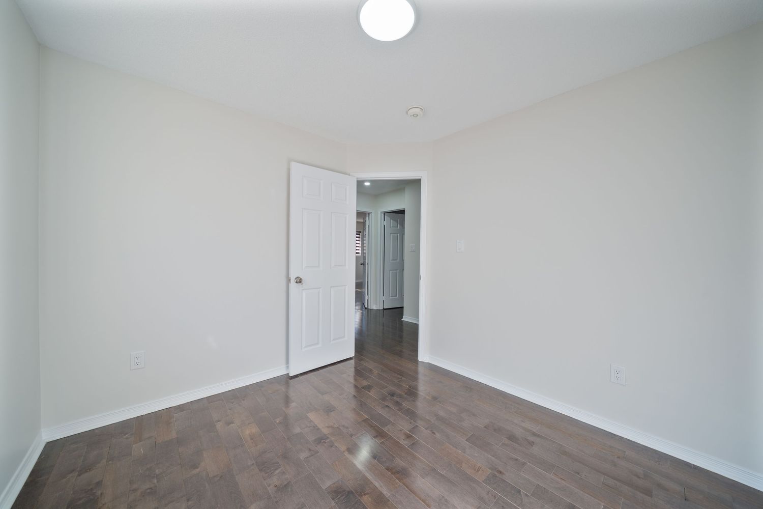 Modern empty apartment interior with white walls and hardwood flooring illuminated by natural light.