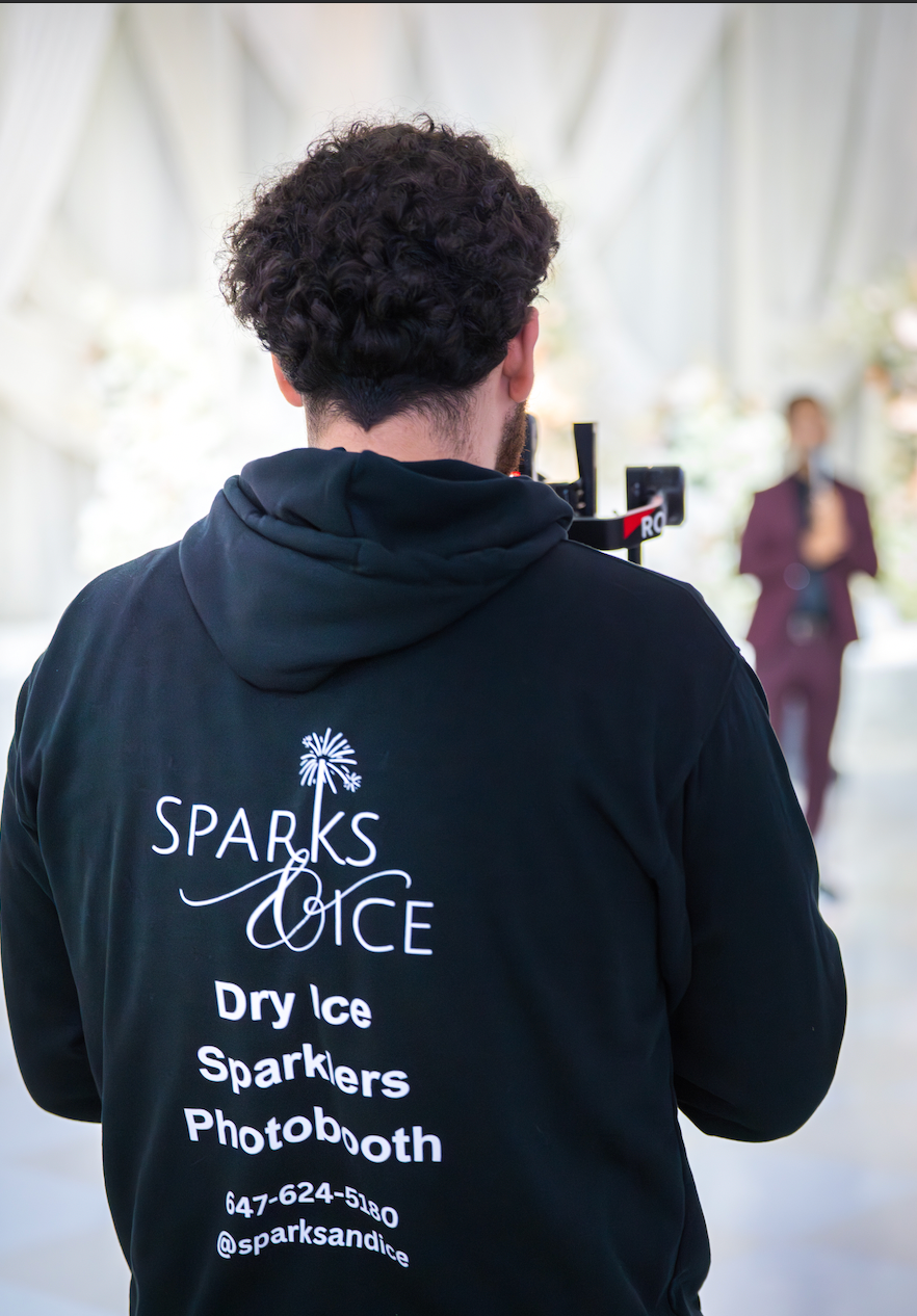 Black hooded sweatshirts showing 'Sparks & Ice' company branding and photography services text.