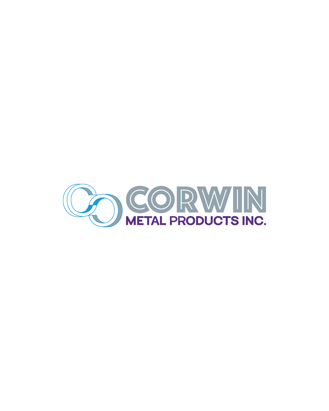 Two company logos side by side showing Corwin and Metal Products Inc with blue and purple text.