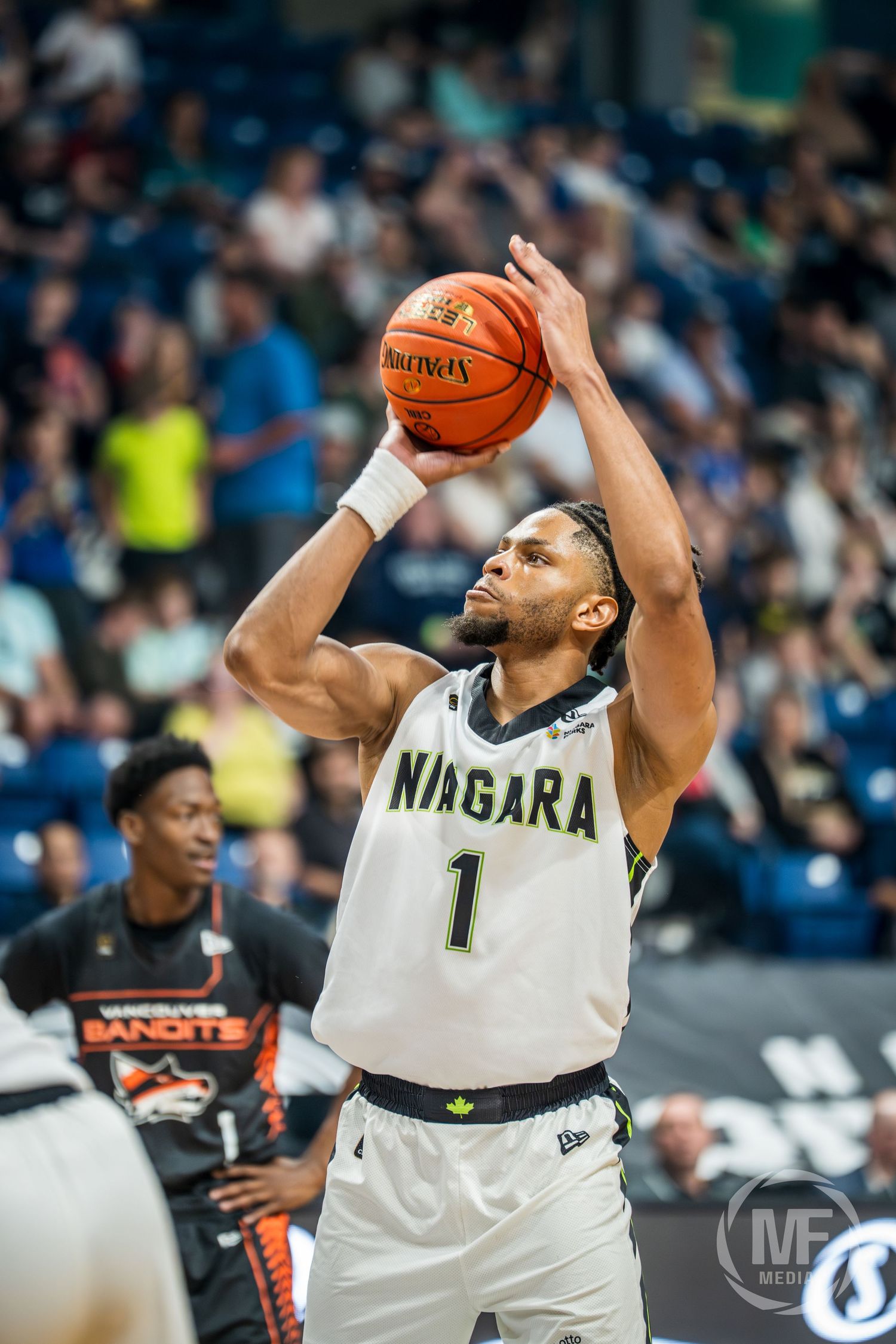 Niagara River Lions player #1 shooting a free throw during a CEBL basketball game.