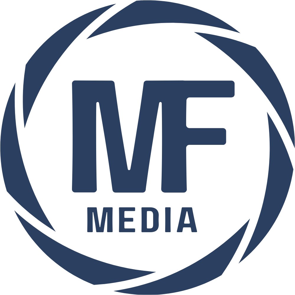 Media company logos arranged in a circular pattern with navy blue eye symbols and text against white background.