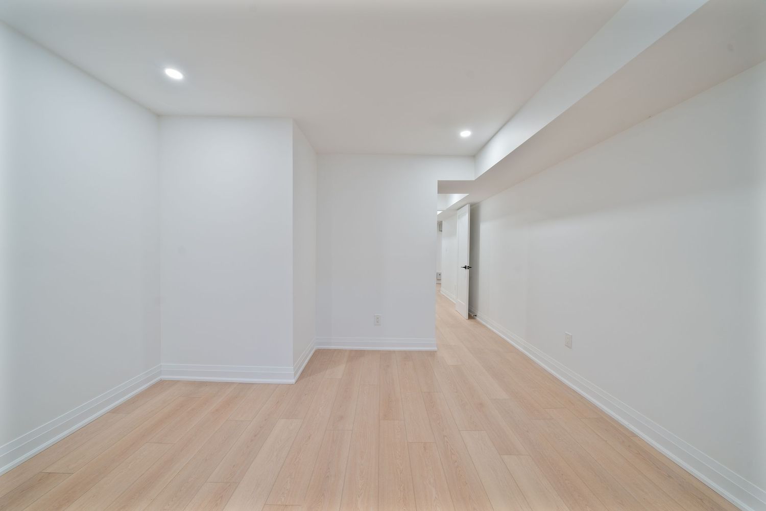Modern hallway with light hardwood flooring, white walls, and recessed lighting creates a bright minimalist aesthetic.