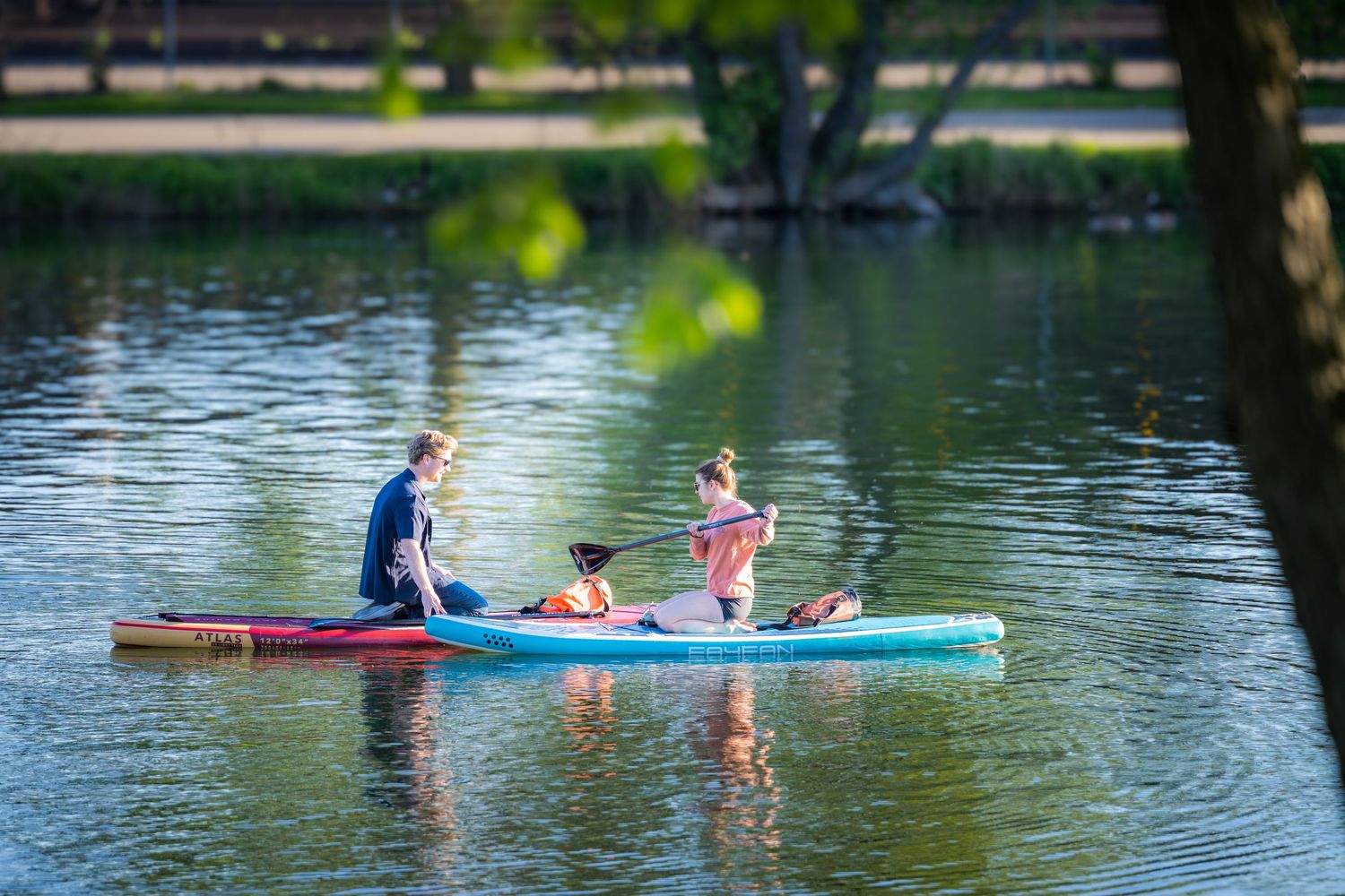 Two people paddleboarding on a scenic calm river surrounded by lush green trees on a sunny day.