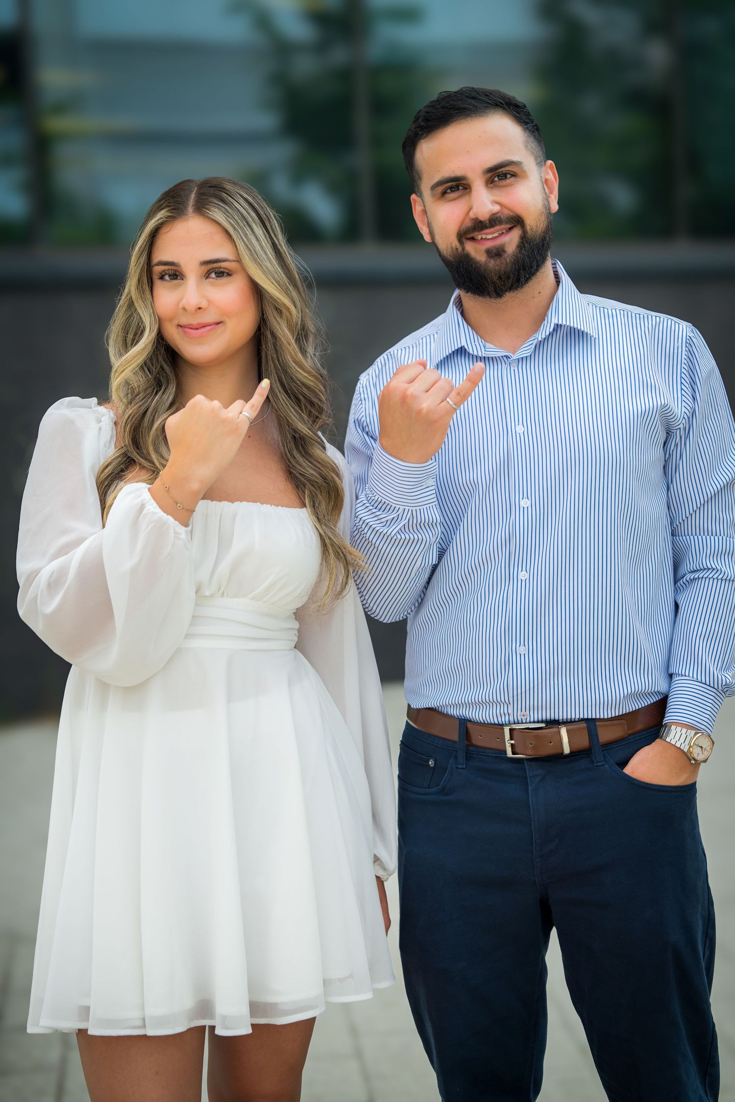 Two people pose together in a series of romantic outdoor portrait shots.