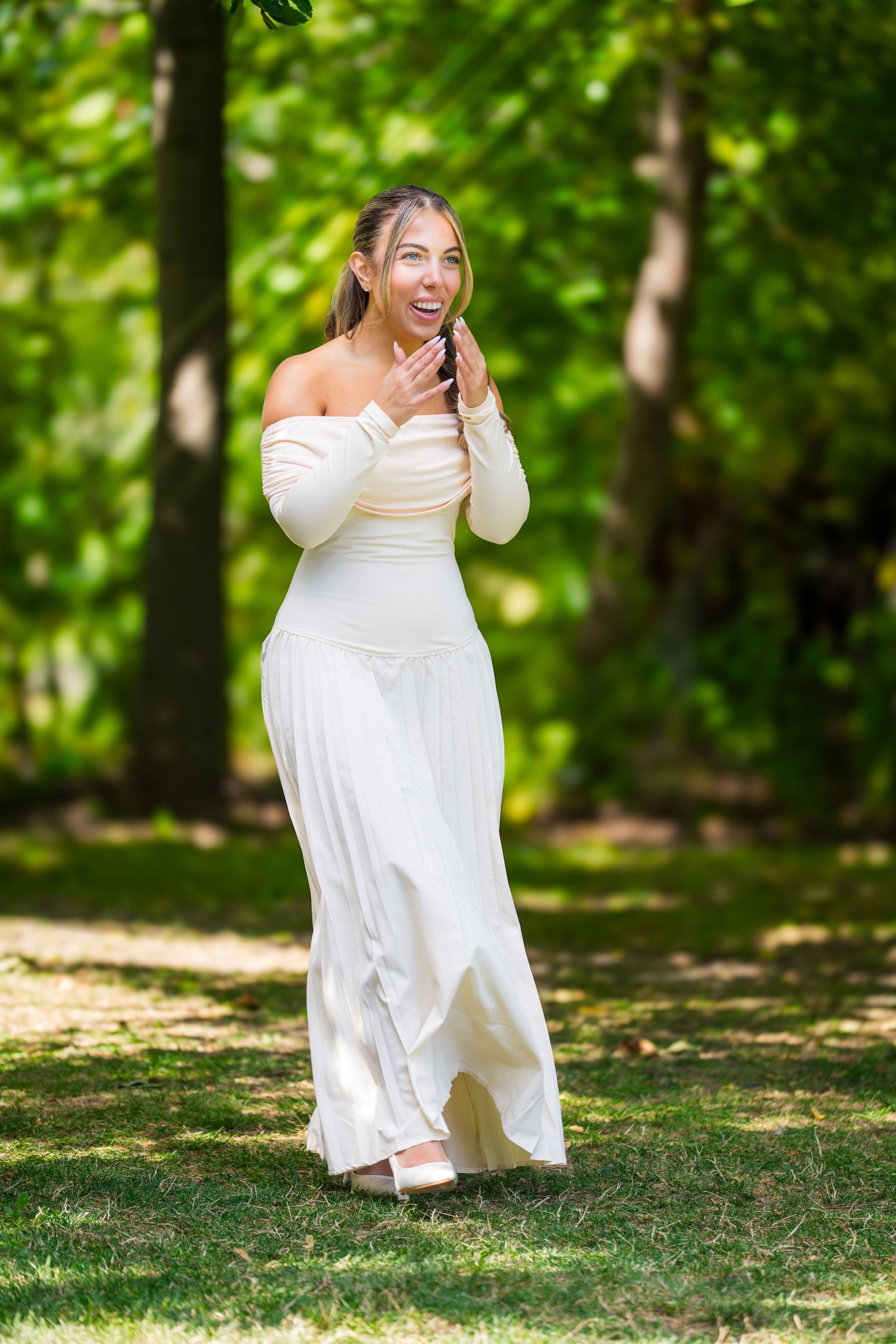 Candid bridal moments captured in a serene forest setting.