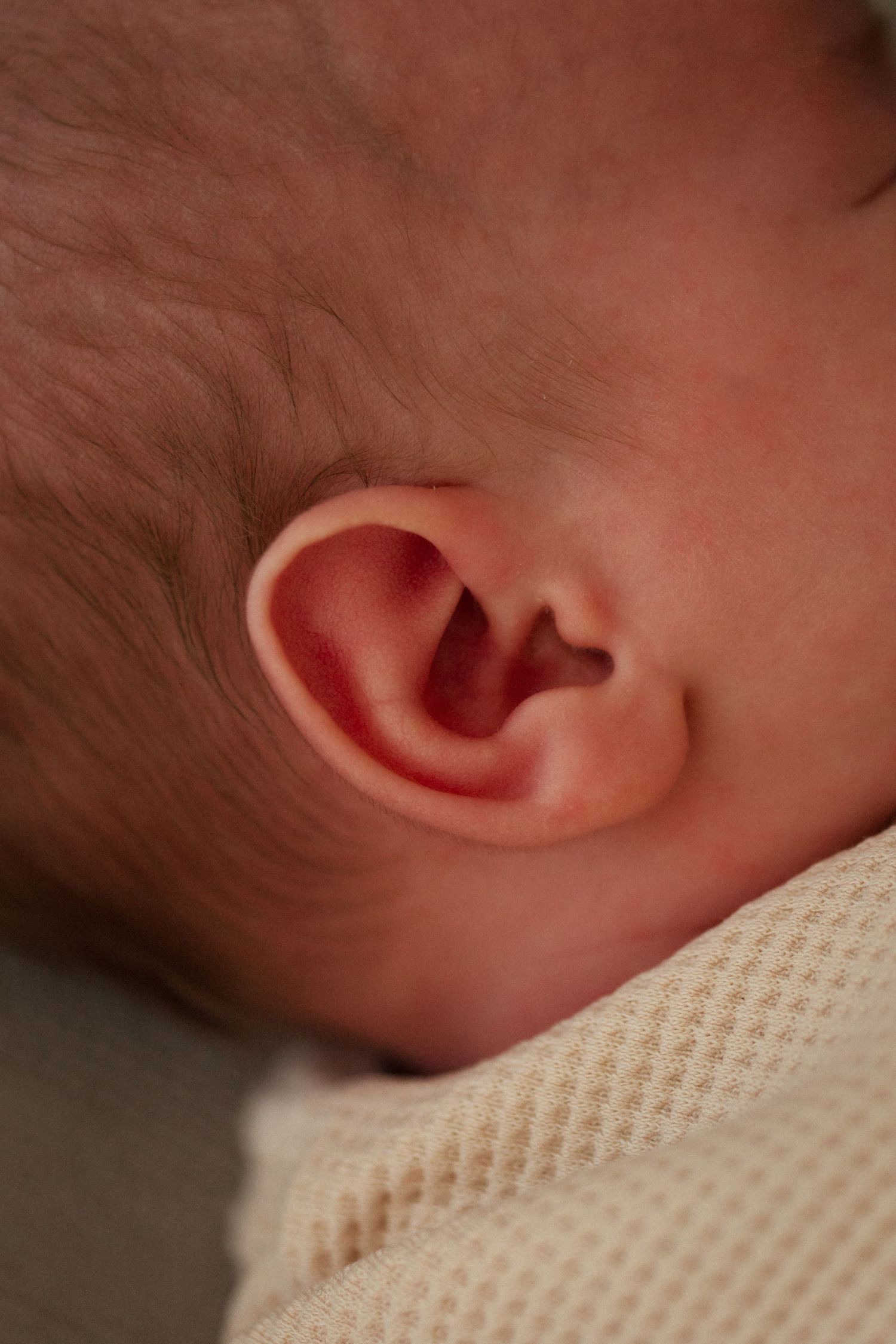 Macro detail shot of newborn baby's ear against soft textured fabric.