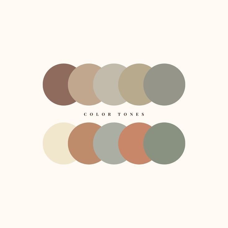 Muted earth tone color palette with brown, beige, gray and terracotta circular swatches arranged in two rows.