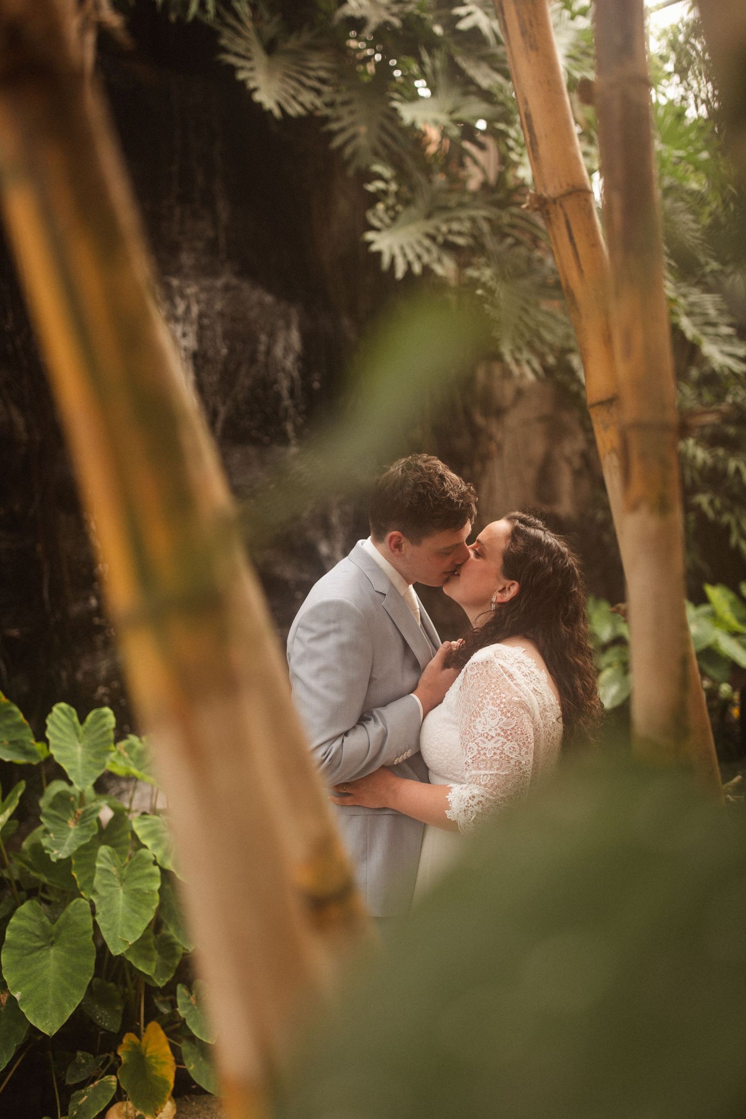 Romantic wedding photo of couple kissing among bamboo and tropical foliage.