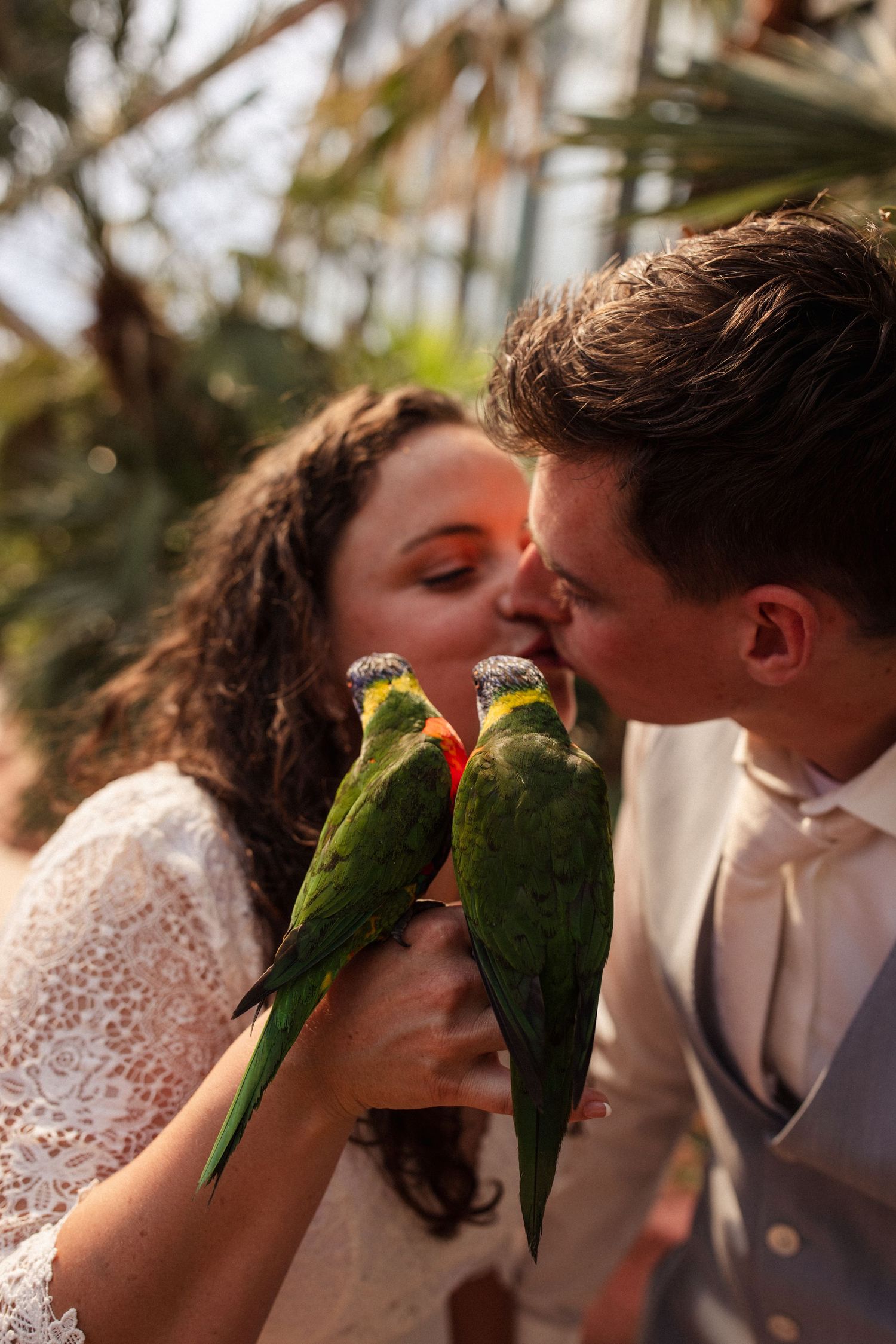 A couple kisses while holding two bright green parrots between them in a romantic photoshoot.