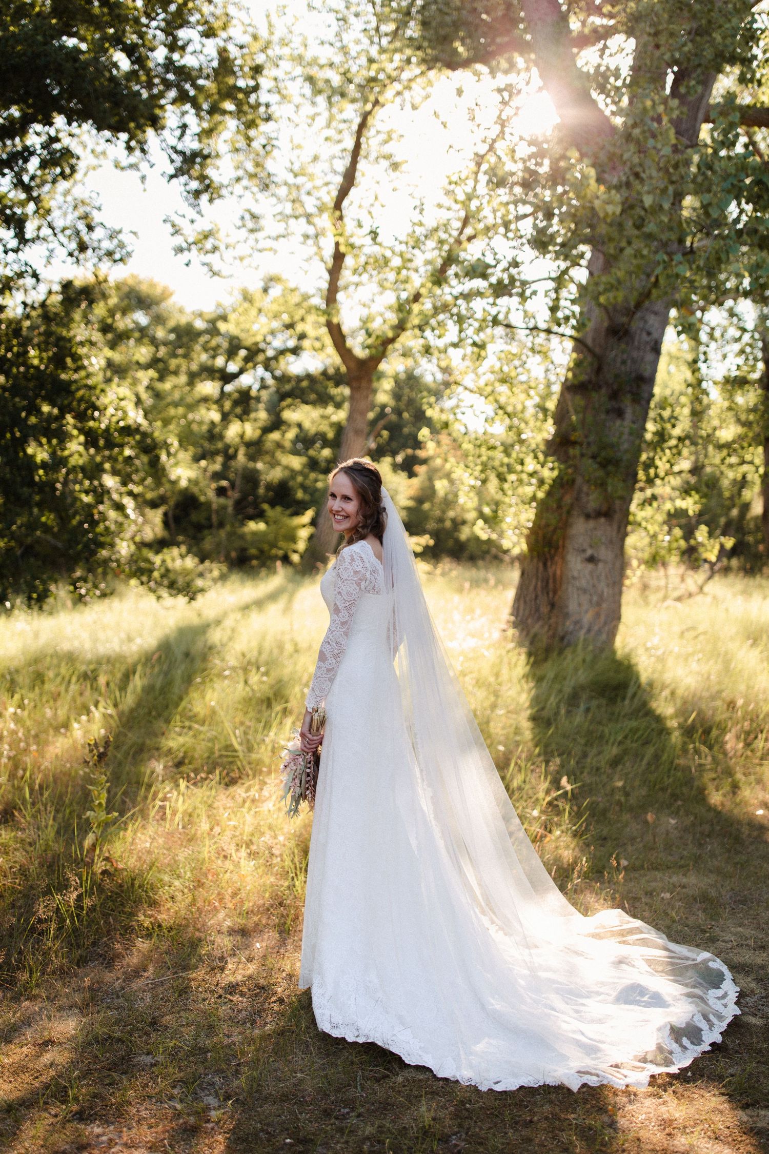 A bride in a flowing white lace gown with long train stands in golden sunlight beneath birch trees in a meadow.