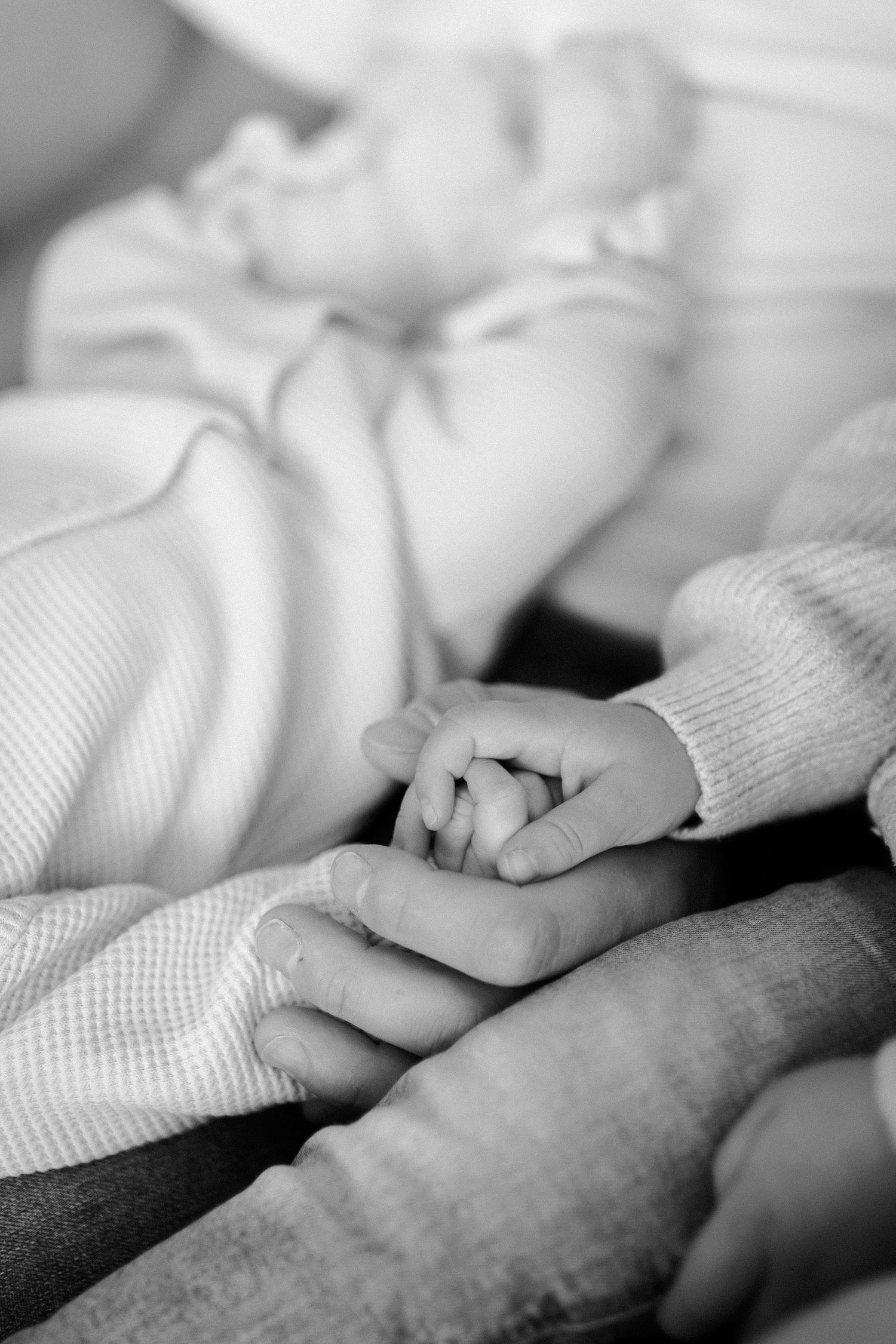 Black and white image of small baby hand grasping adult finger.