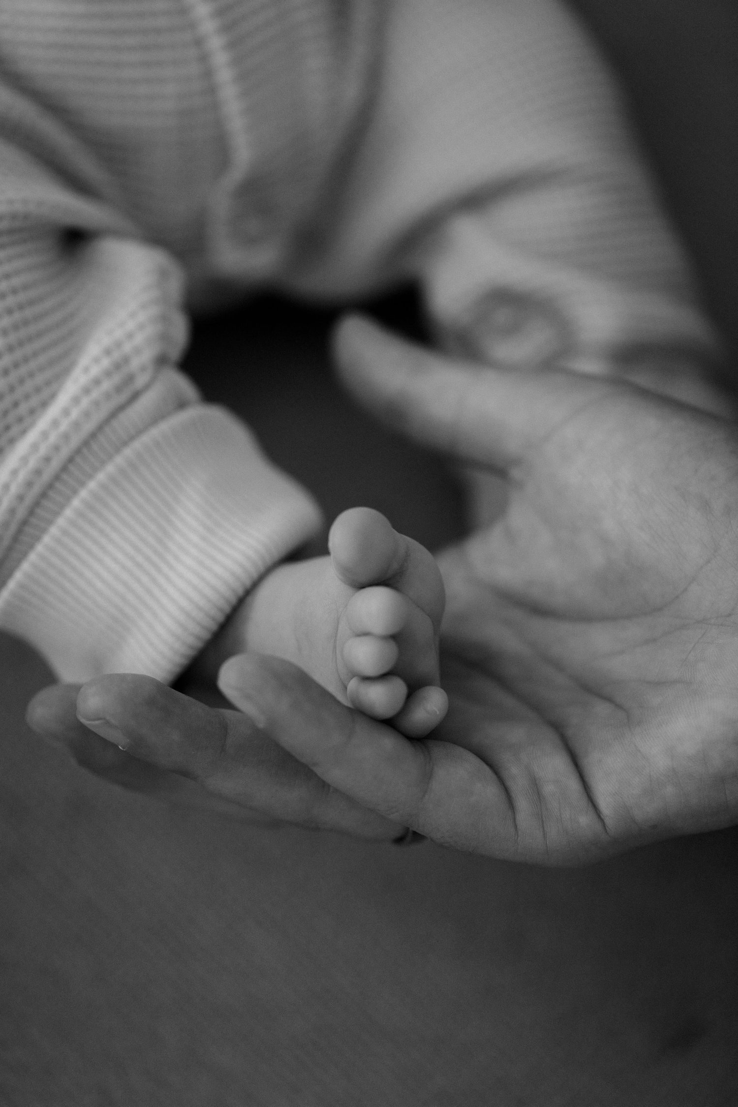 Black and white image of tiny baby feet resting in adult palm.