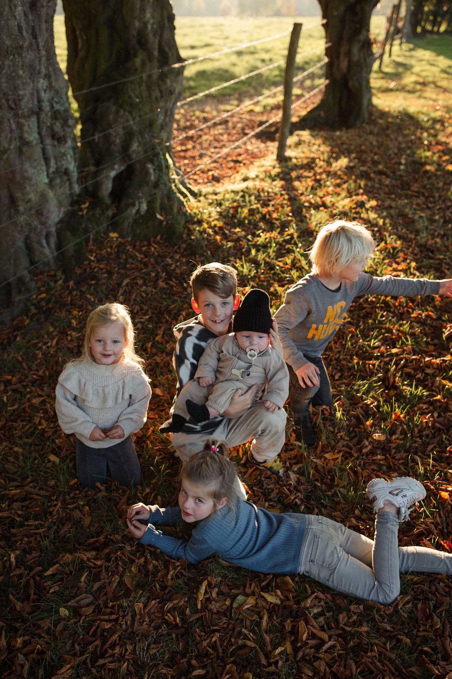 Children playing and posing playfully among autumn leaves and trees.