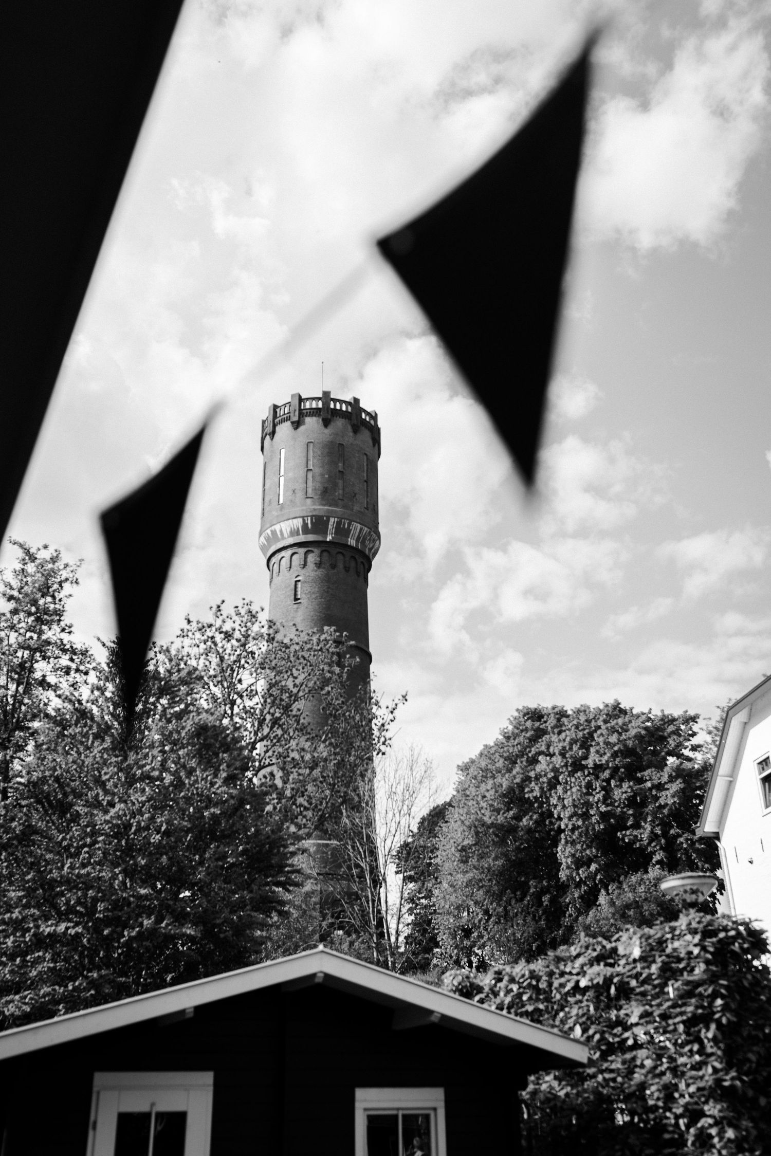 Black and white photograph of a tall stone water tower rising above trees and a small building's rooftop.