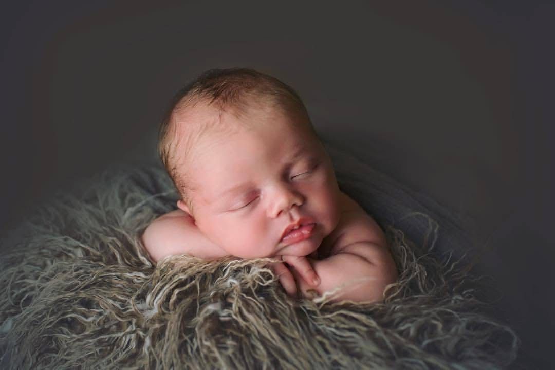 newborn posed on a grey fluffly blanket posed with natural window light shot inside the clients home