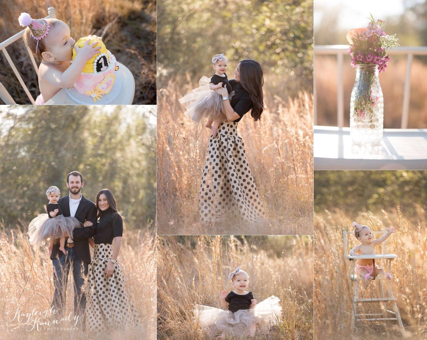 one year old smash cake photoshoot in a grassy field with sunlight