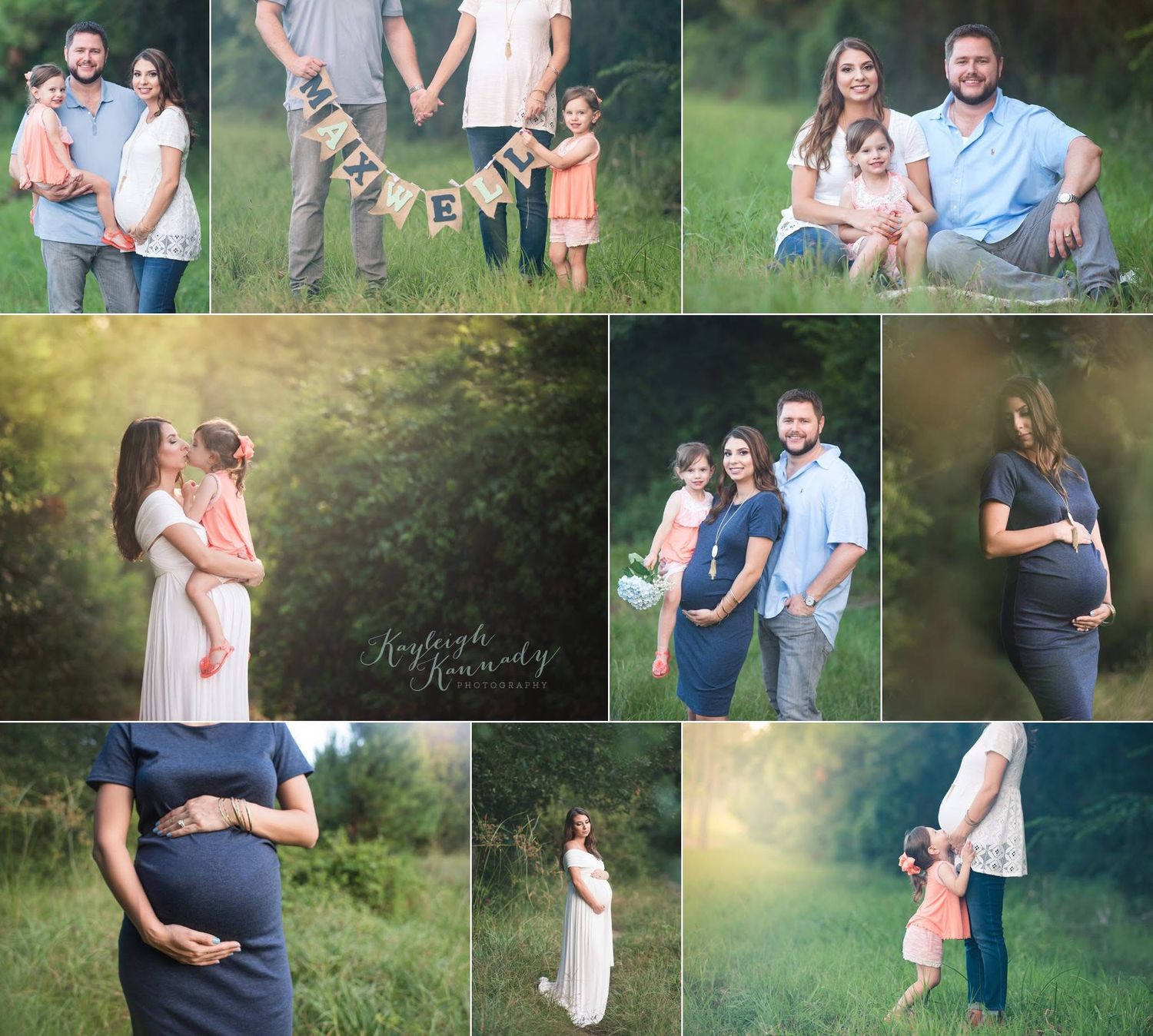 Collage of maternity and family photos in a field with young daughter and parents – joyful outdoor maternity family session by Kayleigh Kann