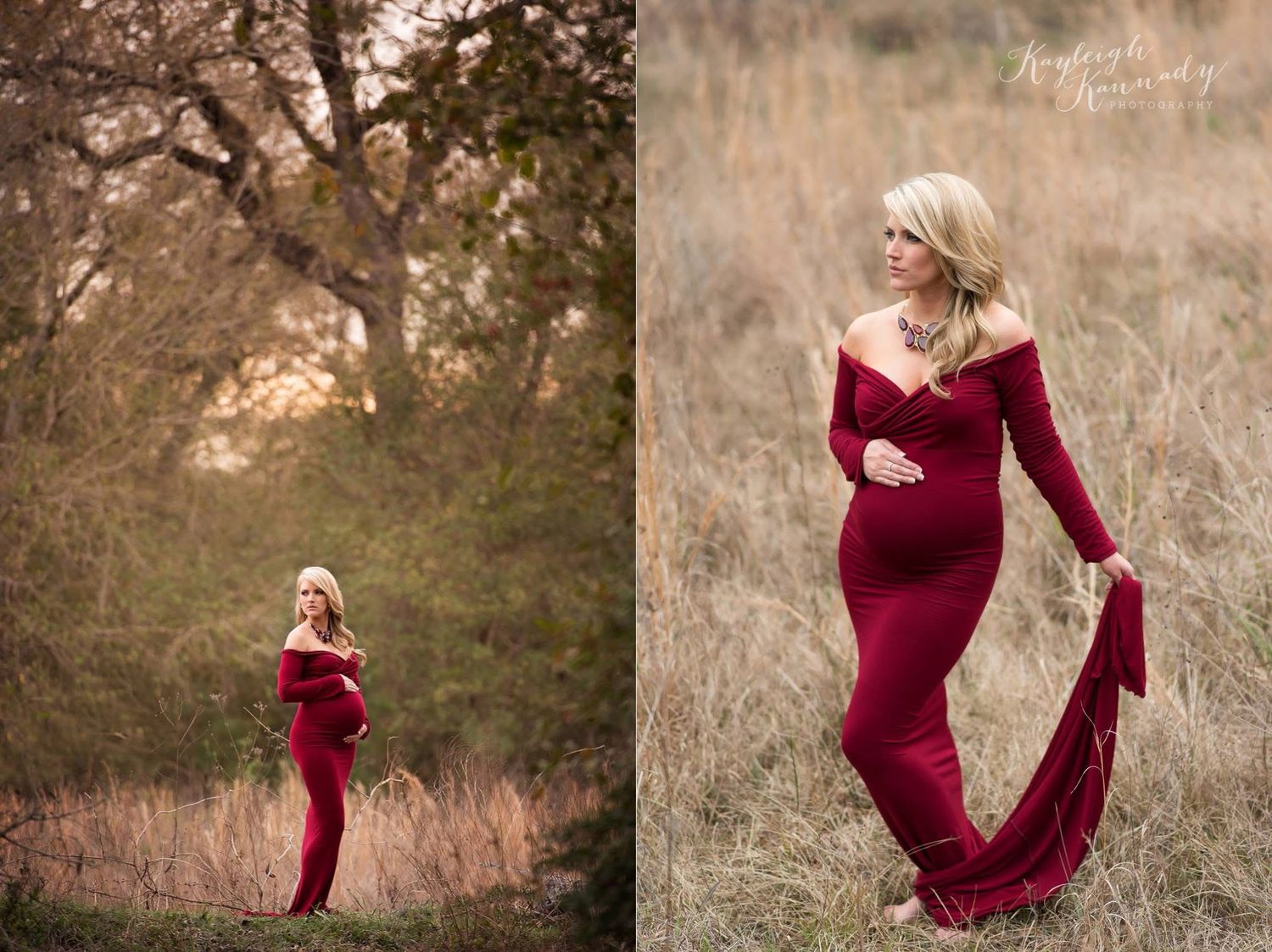 Maternity photo of expecting mother in red gown holding baby bump in nature – elegant outdoor maternity photography by Kayleigh Kannady.