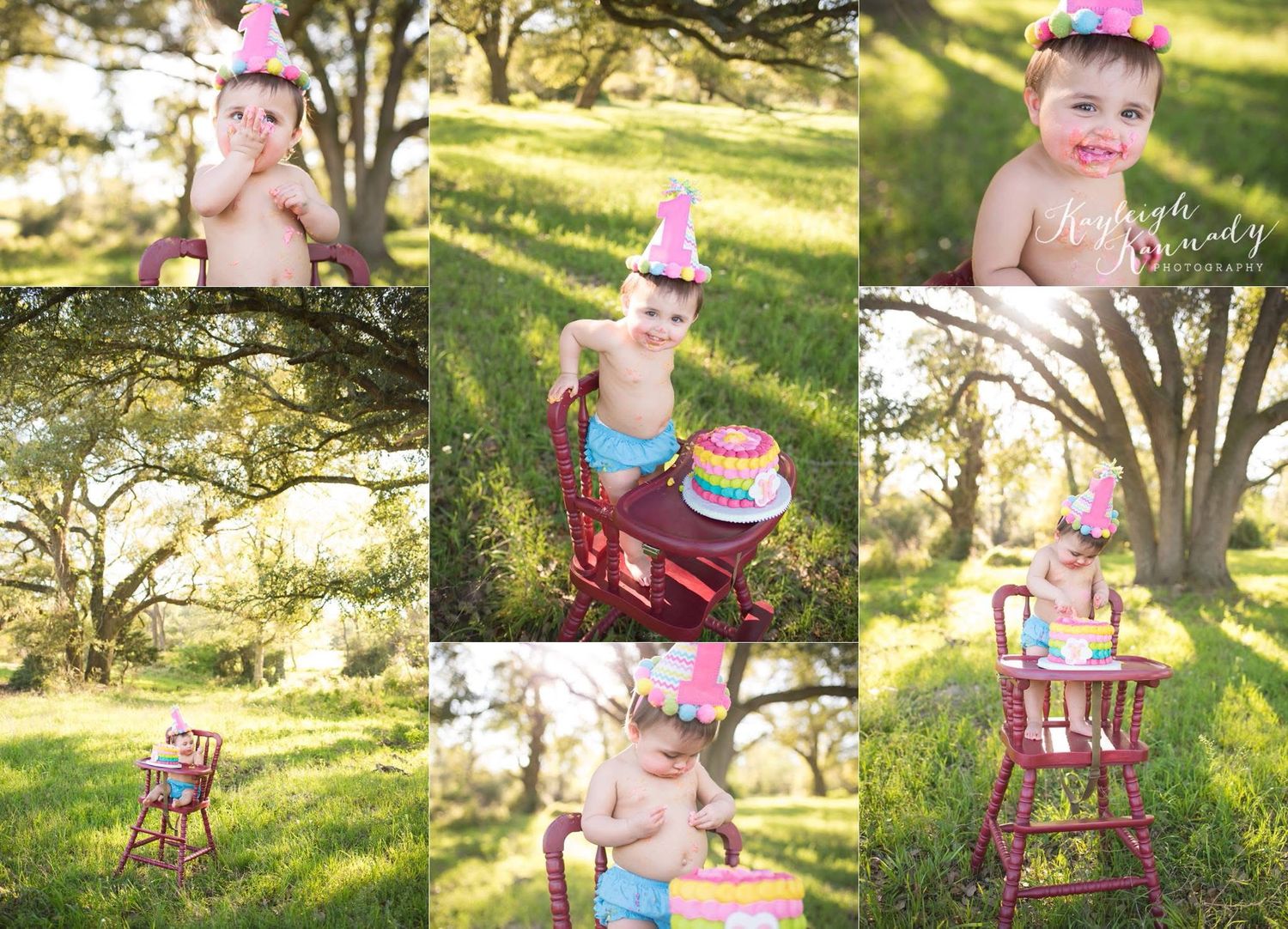 smiling one year old in an old high chair smashing a cake in a field with sun filled rays