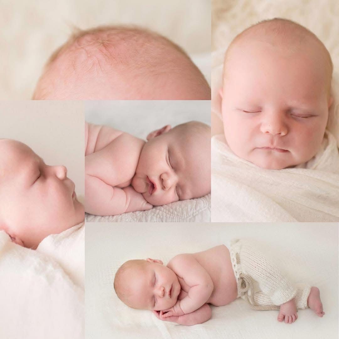 Newborn baby collage with close-ups of sleeping infant wrapped in white blanket – newborn lifestyle photography by Kayleigh Kannady