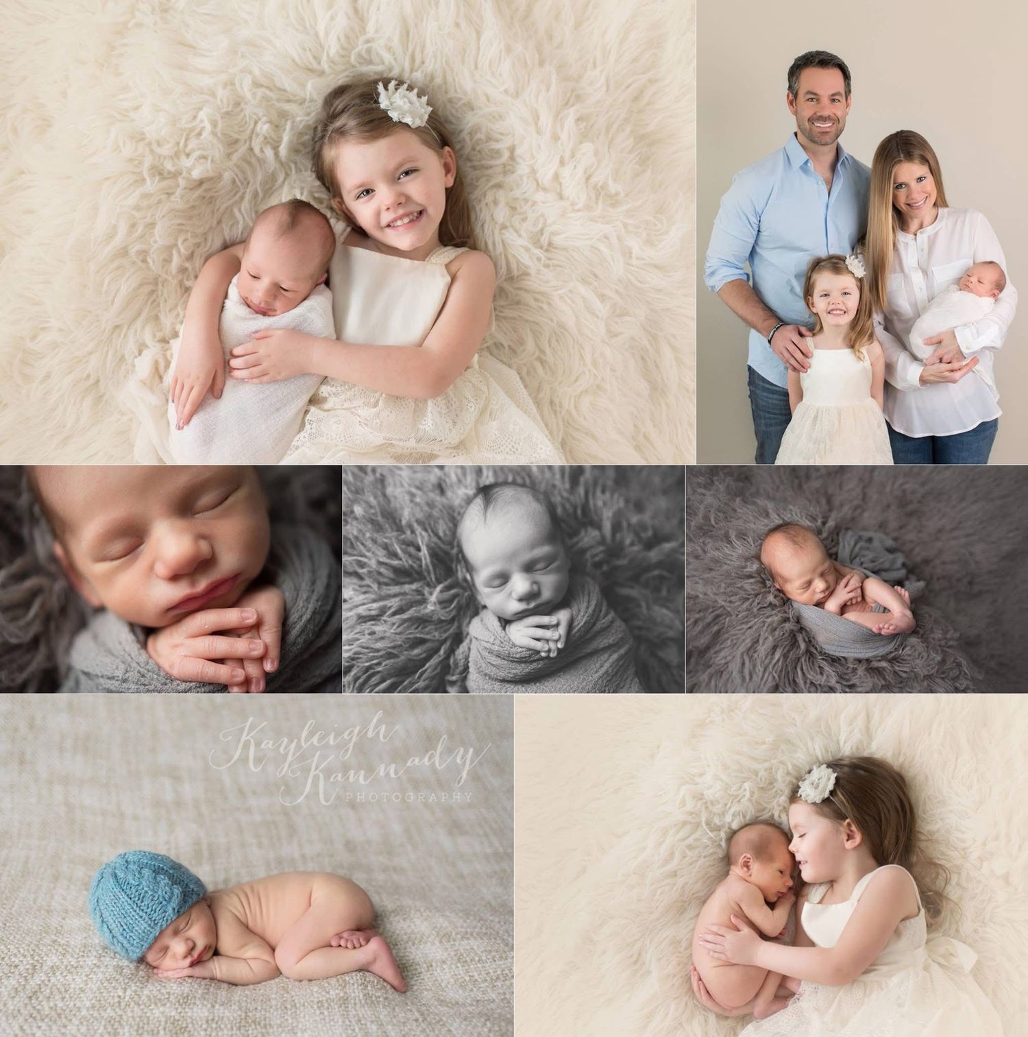 Newborn and sibling portraits with big sister cuddling baby brother on fur blanket – family newborn photography by Kayleigh Kannady