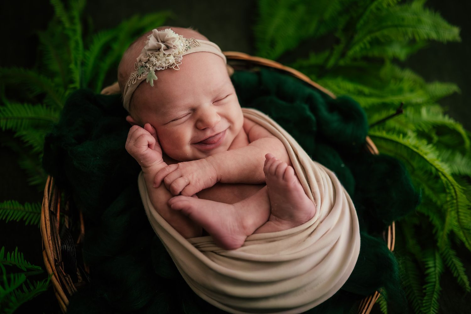 Newborn photography session featuring a peaceful sleeping baby wrapped in beige fabric against a backdrop of green ferns.