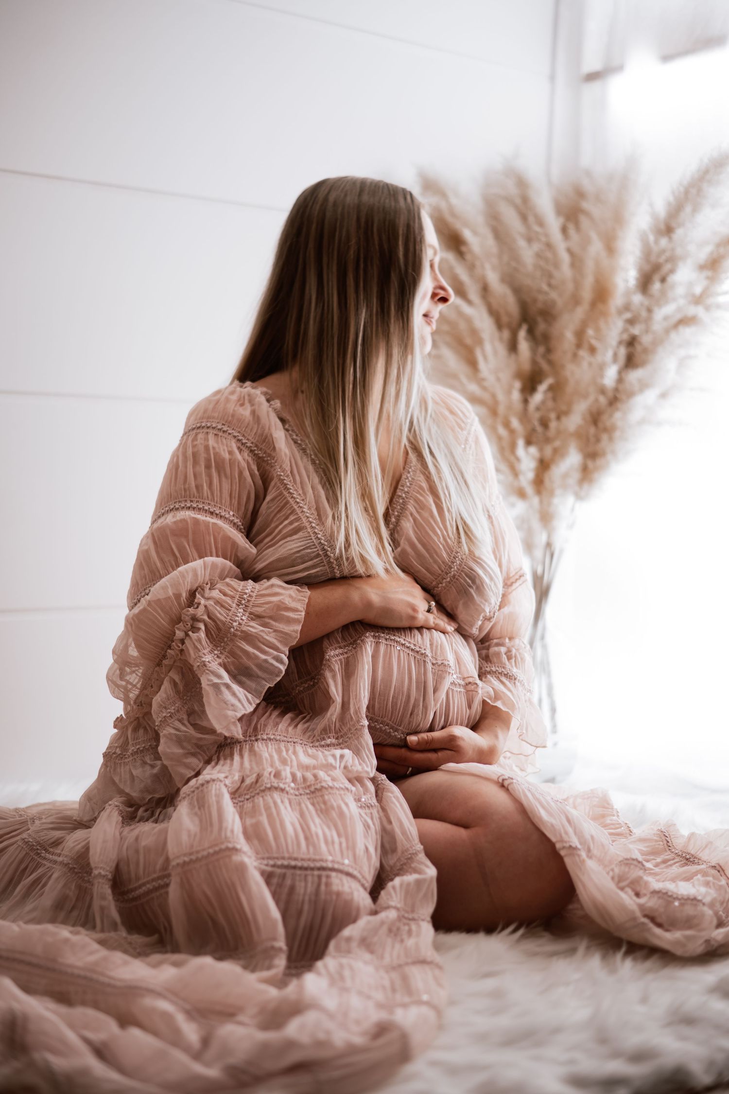Artistic maternity photos in blush pink gown with soft natural lighting and pampas grass decor. Maternity photographer Ontario