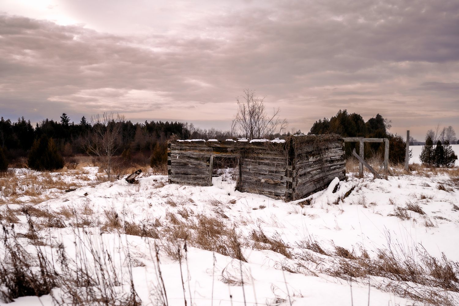 A panoramic winter landscape view of a snowy coastal area with cloudy skies and scattered buildings along the shore.
