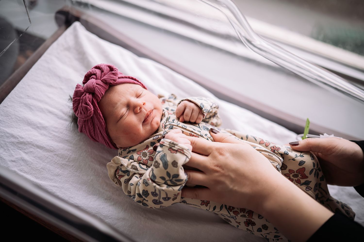 A series of connected images showing a newborn baby sleeping peacefully by a window in natural light.