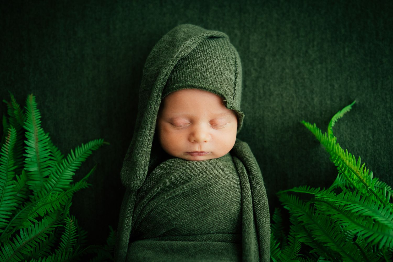 Newborn baby sleeping peacefully surrounded by green fern leaves on dark background.