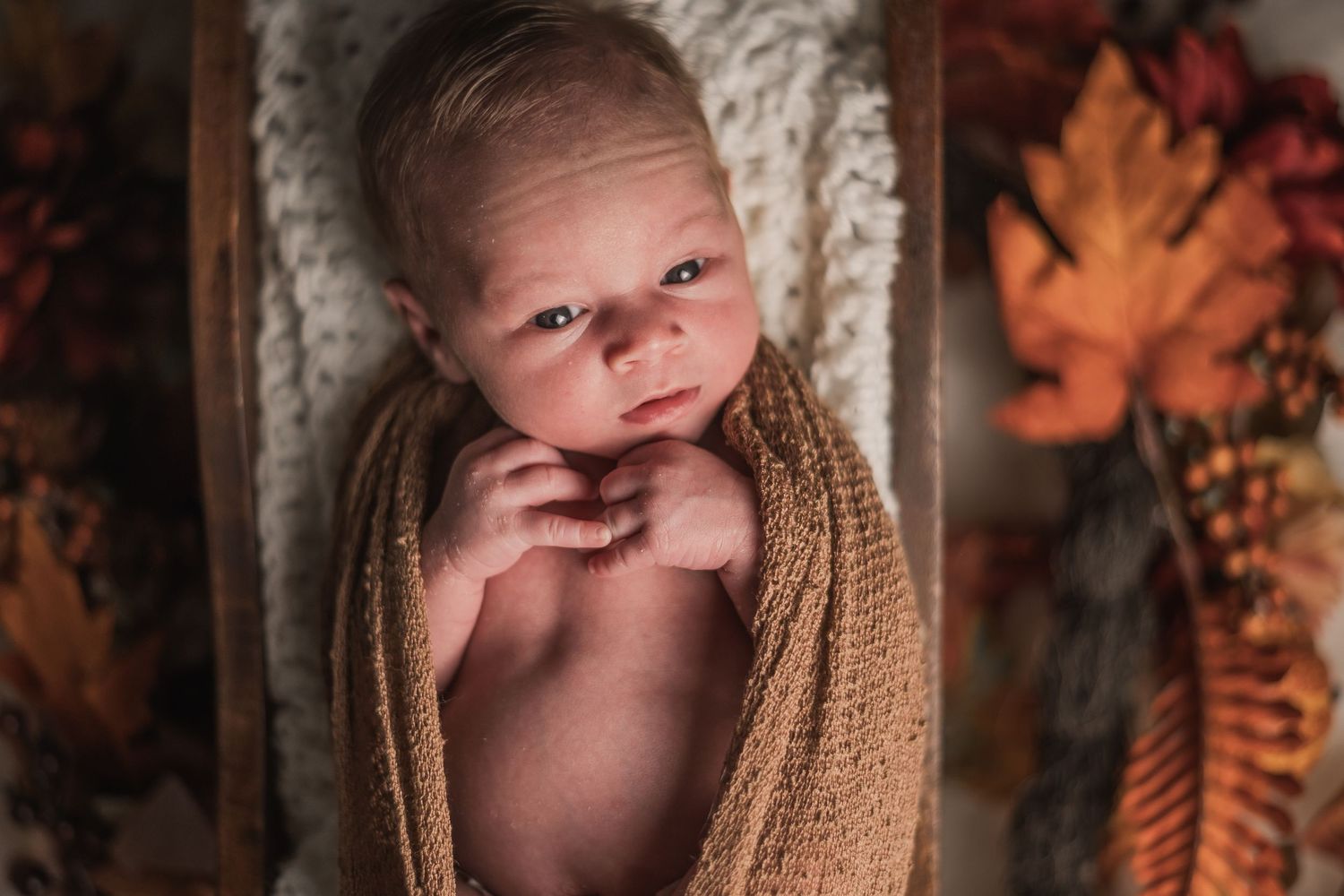 A warm autumn-toned newborn photography session with soft textures and natural lighting.