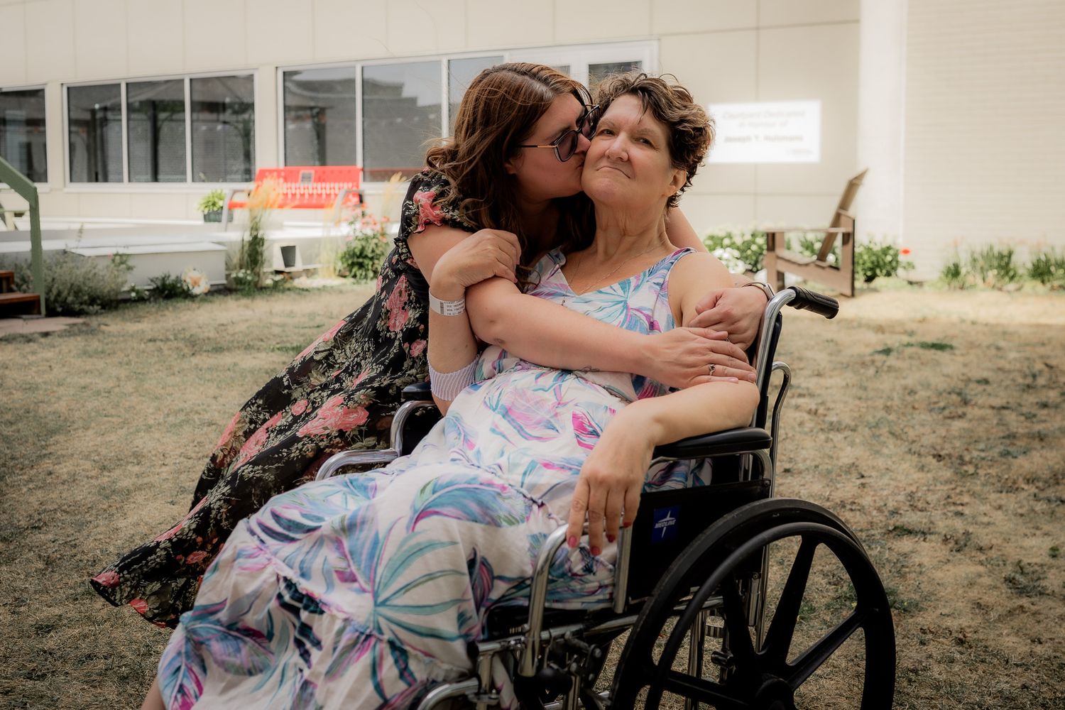 Series showing intimate caregiving moments outside healthcare facility in natural light.