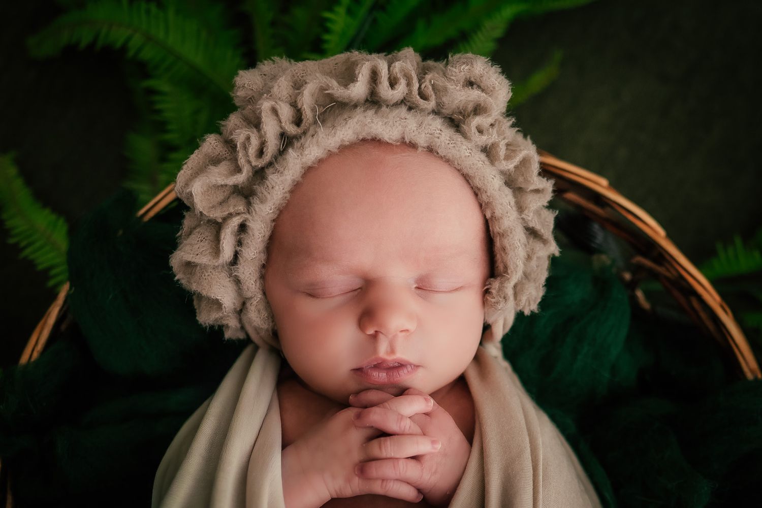 Sleeping newborn wearing vintage-style bonnet posed among green ferns and natural elements.