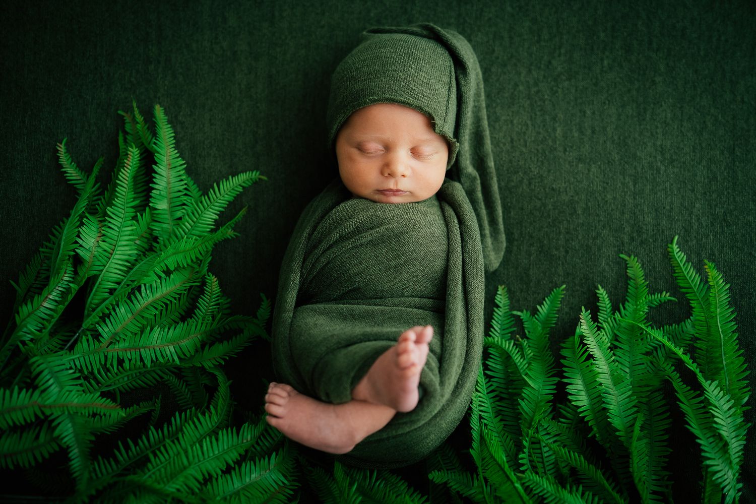 Peaceful newborn photography featuring emerald green wrapping and natural fern elements.