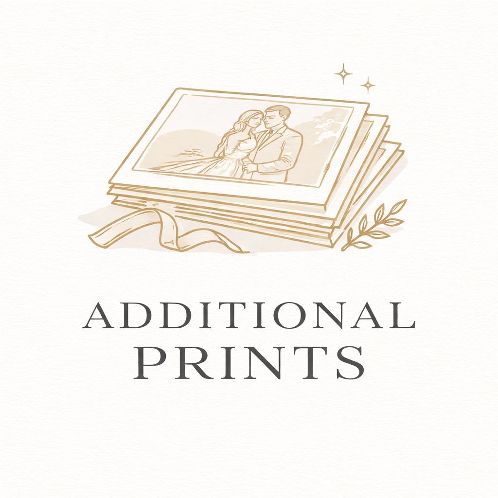 Gold-illustrated stack of photo prints with a ribbon and botanical accents, labeled Additional Prints on cream background.